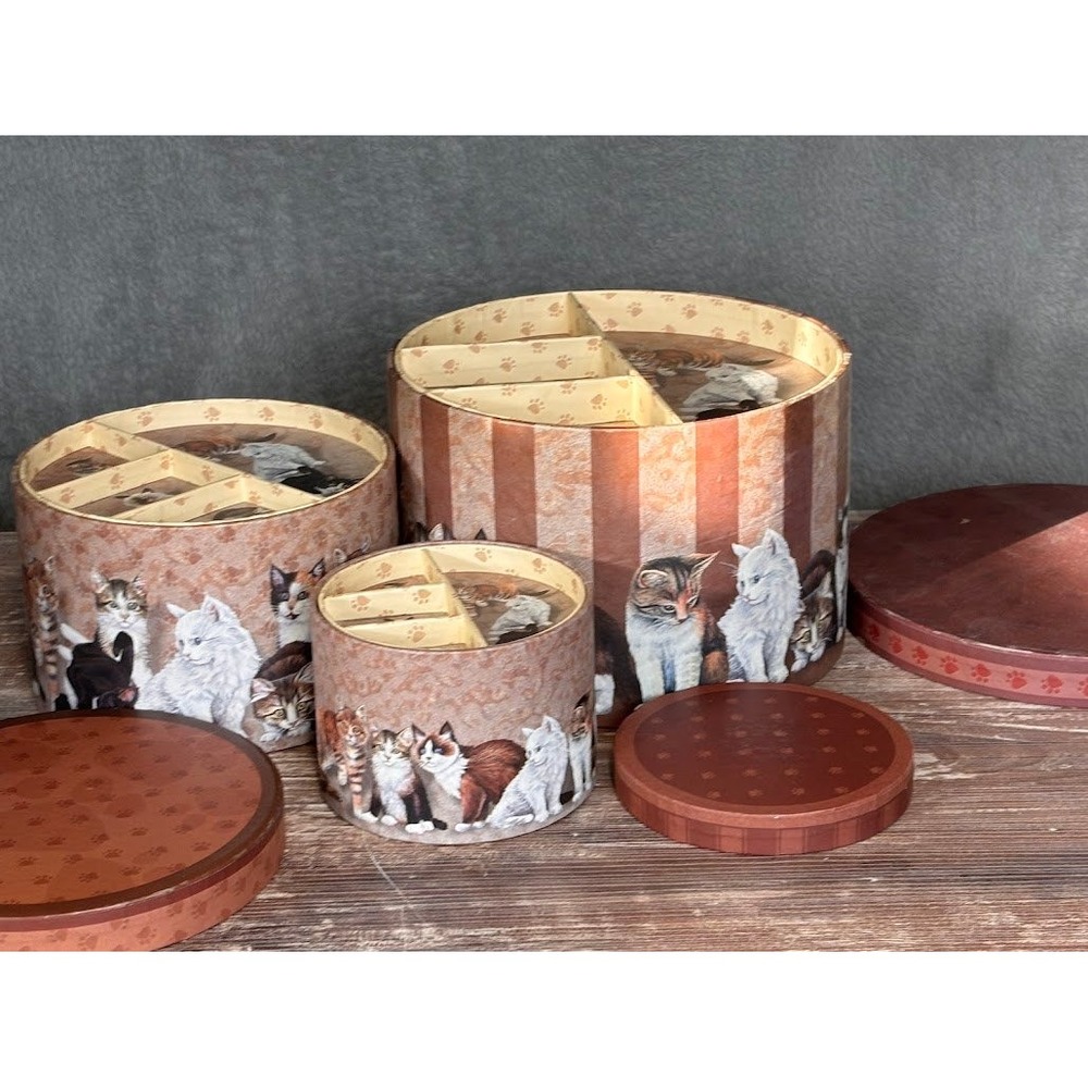 Kitty City Nesting Boxes Round‎ Set Of 3 Trinket Storage Tray Sewing Crafting